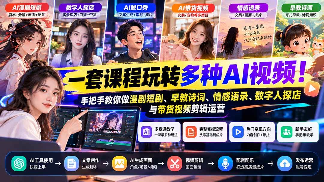 (21271期)【无水印】一套课程玩转多种AI视频!手把手教你做漫剧短剧、早教诗词、情感语录、数字人探店与带货视频剪辑运营 (21271期)【无水印】一套课程玩转多种AI视频!手把手教你做漫剧短剧、早教诗词、情感语录、数字人探店与带货视频剪辑运营