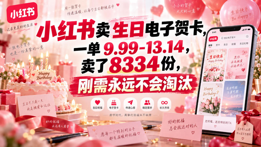 小红书卖生日电子贺卡，一单9.99-13.14，卖了8334份，刚需永远不会淘汰-资源共享