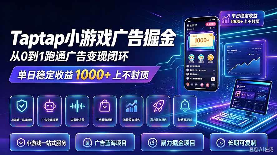 (21263期)TapTap小游戏广告掘金日赚收益1000+上不封顶 (21263期)TapTap小游戏广告掘金日赚收益1000+上不封顶