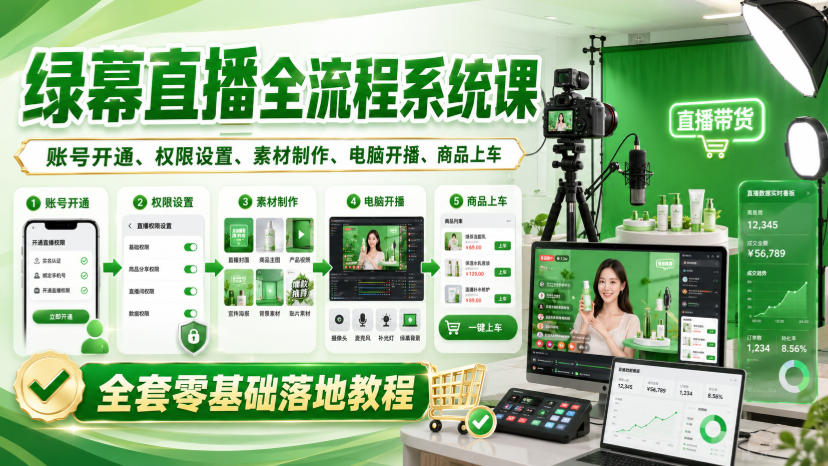 绿幕直播全流程系统课,账号开通、权限设置、素材制作、电脑开播、商品上车全套零基础落地教程-资源共享