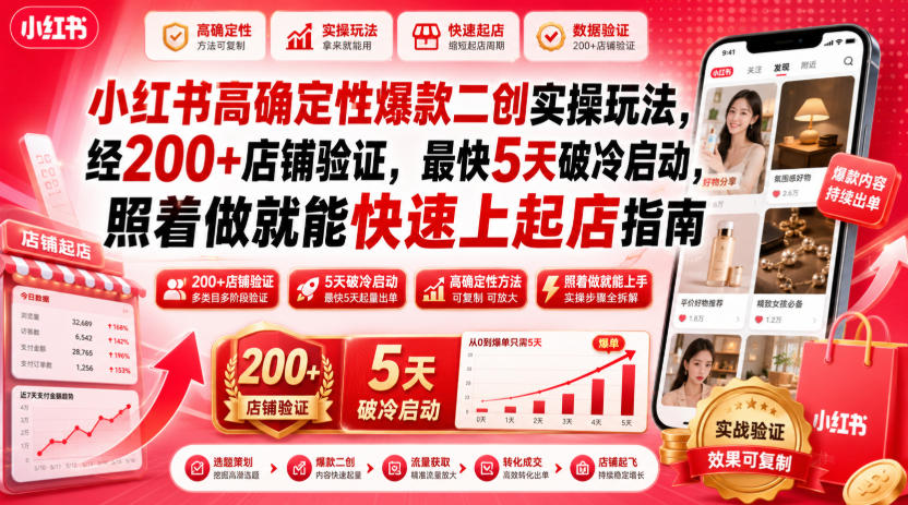 小红书高确定性爆款二创实操玩法,经200+店铺验证,最快5天破冷启动,照着做就能快速上起店指南-资源共享