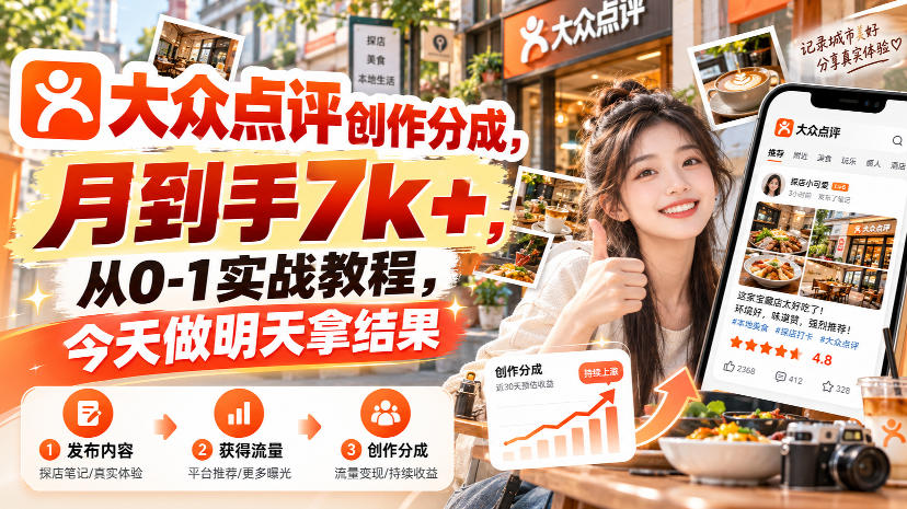 大众点评创作分成，月到手7k+，从0-1实战教程，今天做明天拿结果-资源共享