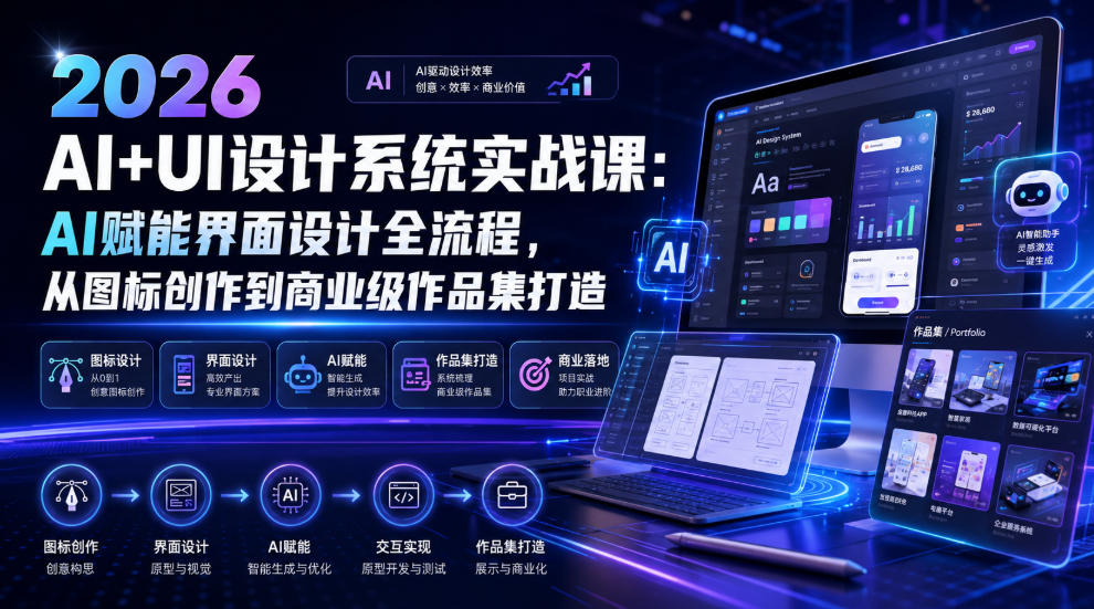 2026 AI+UI设计系统实战课:AI赋能界面设计全流程,从图标创作到商业级作品集打造-资源共享