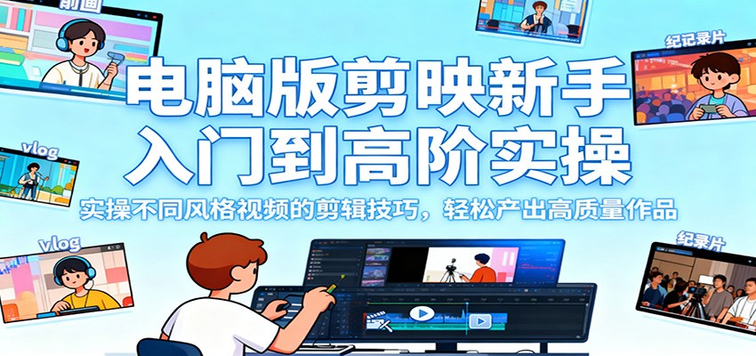 电脑版剪映新手入门到高阶实操，实操不同风格视频的剪辑技巧，轻松产出高质量作品-资源共享