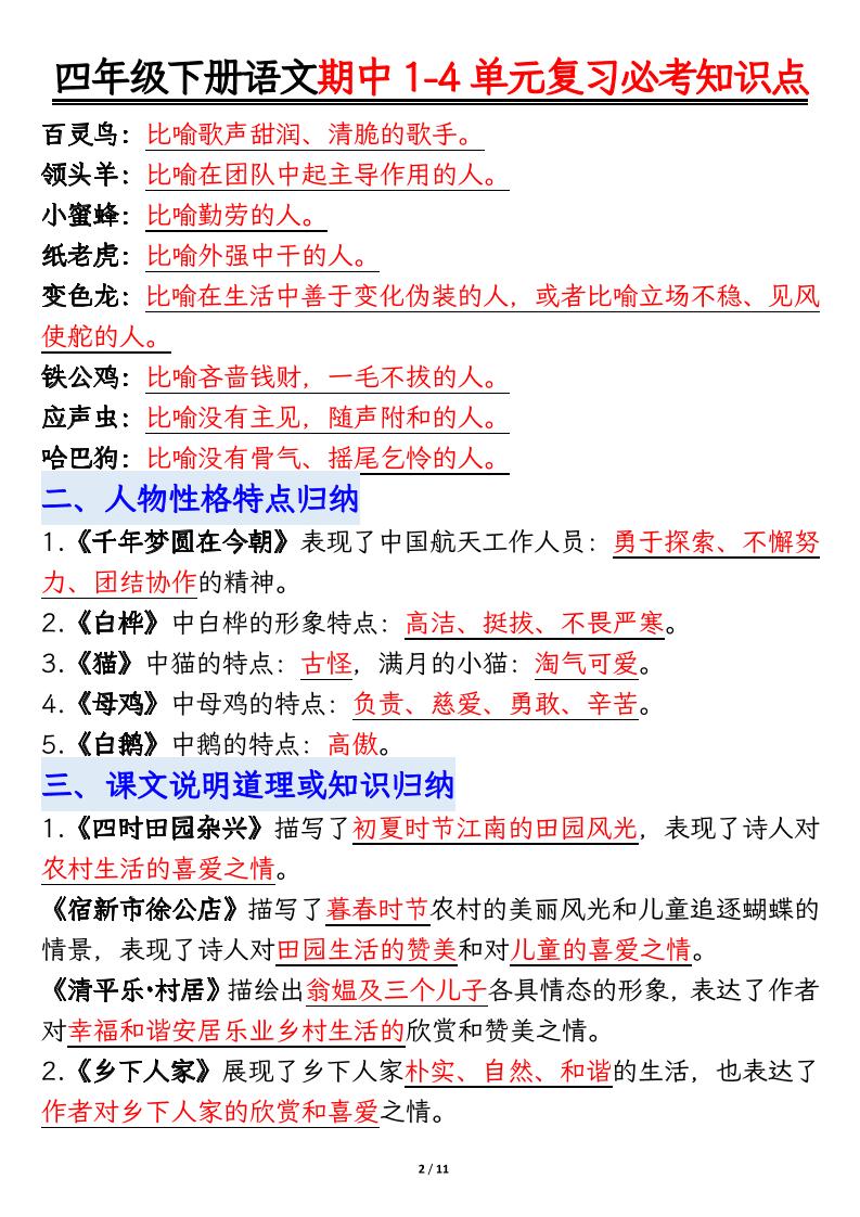 四年级下语文期中1-4单元复习必考知识点-资源共享