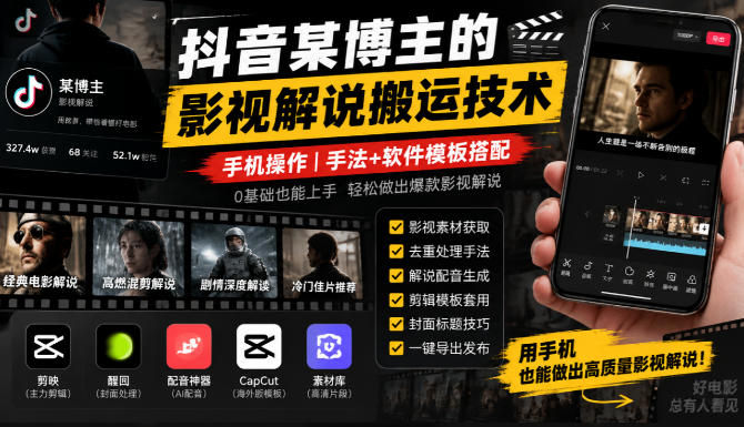 抖音某博主的影视解说搬运技术,手机操作,手法+软件模板搭配 抖音某博主的影视解说搬运技术,手机操作,手法+软件模板搭配