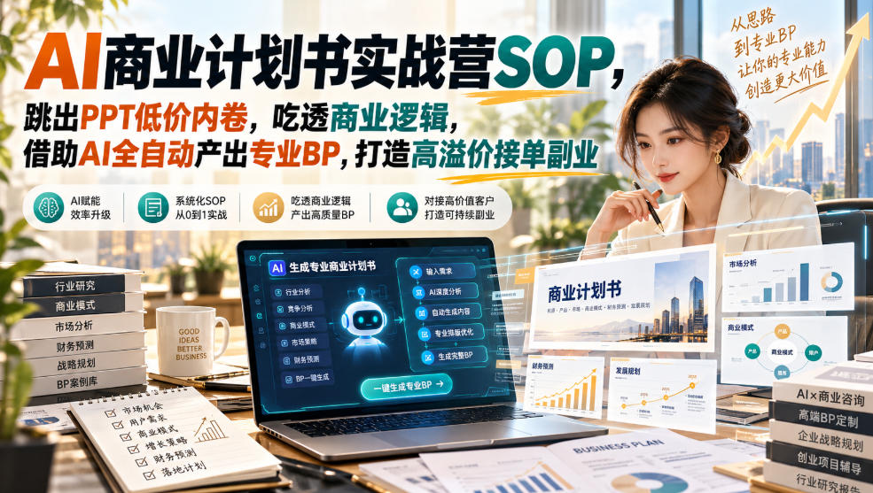 AI商业计划书实战营SOP，跳出PPT低价内卷，吃透商业逻辑，借助AI全自动产出专业BP，打造高溢价接单副业-资源共享