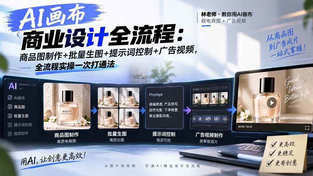 （20576期）AI画布商业设计全流程：商品图制作+批量生图+提示词控制+广告视频，全流程实操一次打通法-资源共享