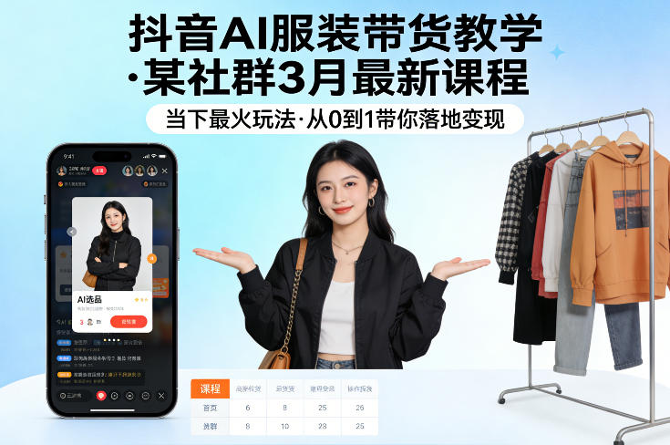 抖音AI服装带货教学，某社群3月最新课程，当下最火玩法，从0到1带你落地变现-资源共享
