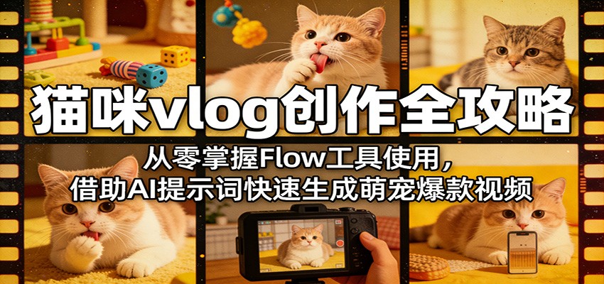 猫咪vlog创作全攻略：从零掌握Flow工具使用，借助AI提示词快速生成萌宠爆款视频-资源共享