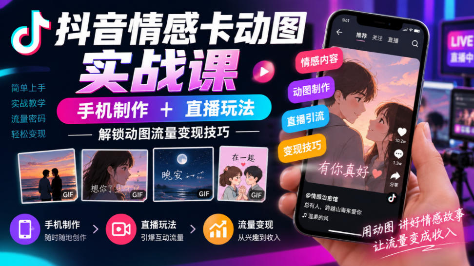 抖音情感卡动图实战课｜手机制作+直播玩法，解锁动图流量变现技巧-资源共享