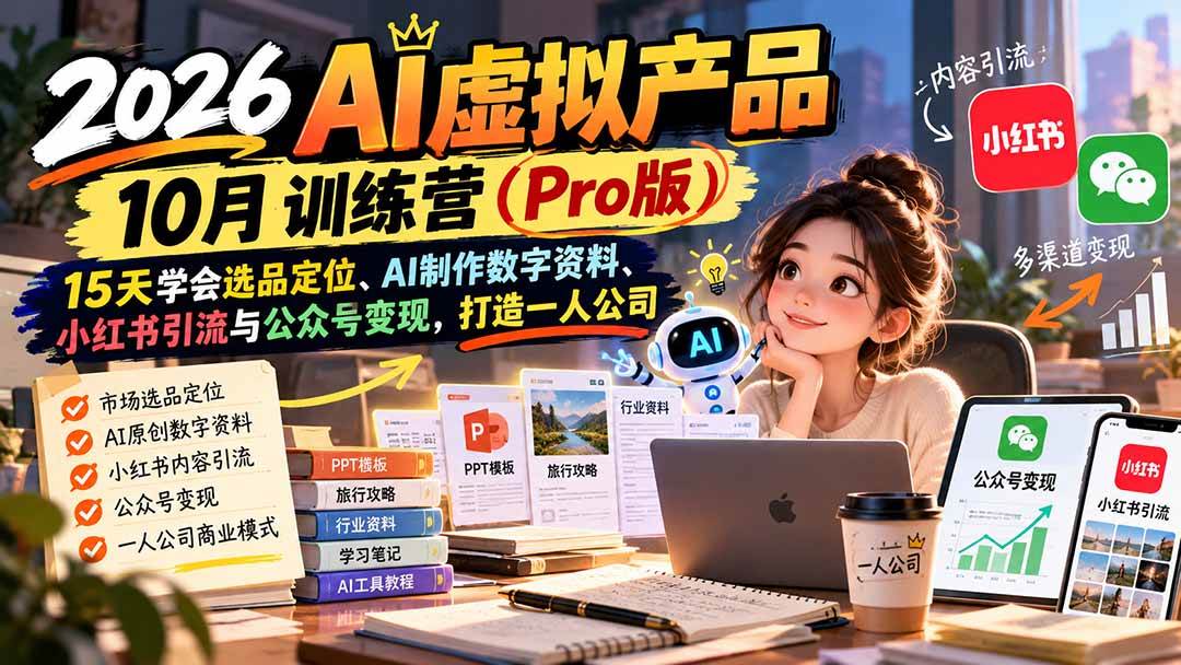 （21054期）2026AI虚拟产品10月训练营（Pro版）：15天学会选品定位、AI制作数字资料、小红书引流与公众号变现，打造一人公司