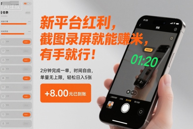新平台红利，截图录屏就能賺米，有手就行！2分钟完成一单，时间自由，单量无上限，轻松日入5张【揭秘】-资源共享