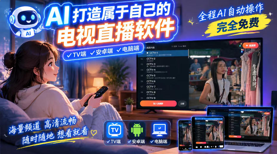 一个提示词,AI全自动做出电视直播软件,电脑、安卓、电视三端通用,完全免费,画质流畅不卡顿 一个提示词,AI全自动做出电视直播软件,电脑、安卓、电视三端通用,完全免费,画质流畅不卡顿