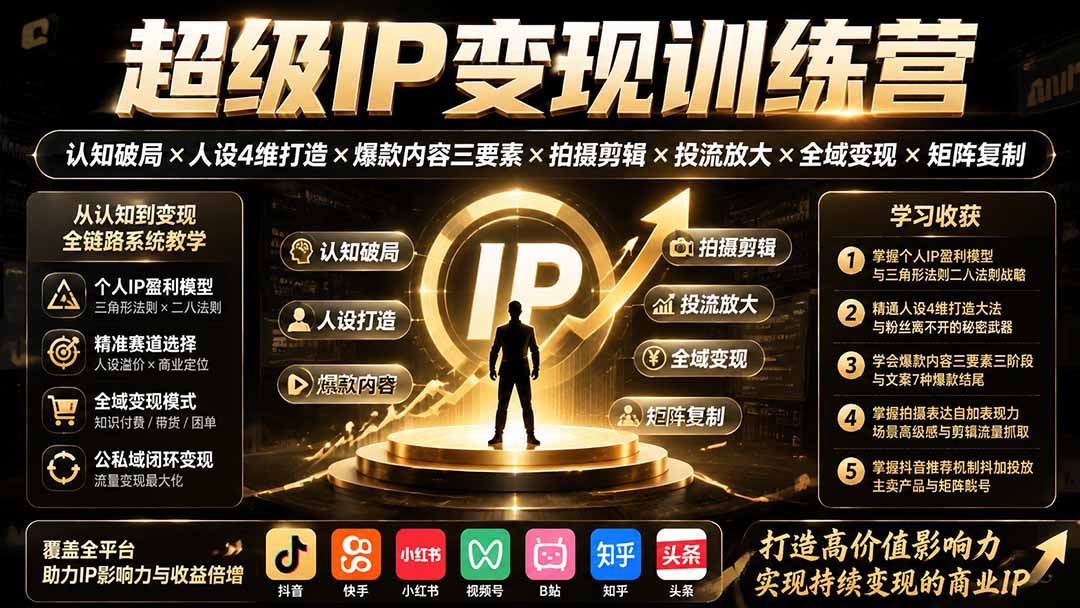 超级IP变现训练营：认知破局×人设4维打造×爆款内容三要素×拍摄剪辑×投流放大×全域变现×矩阵复制-资源共享