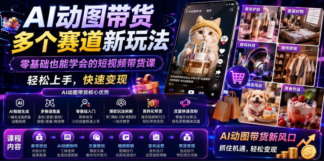 AI动图带货多个赛道新玩法，零基础也能学会的短视频带货课，轻松上手，快速变现-资源共享