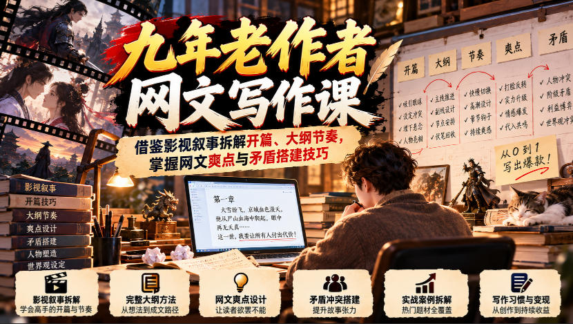 九年老作者网文写作课:借鉴影视叙事拆解开篇、大纲节奏,掌握网文爽点与矛盾搭建技巧-资源共享