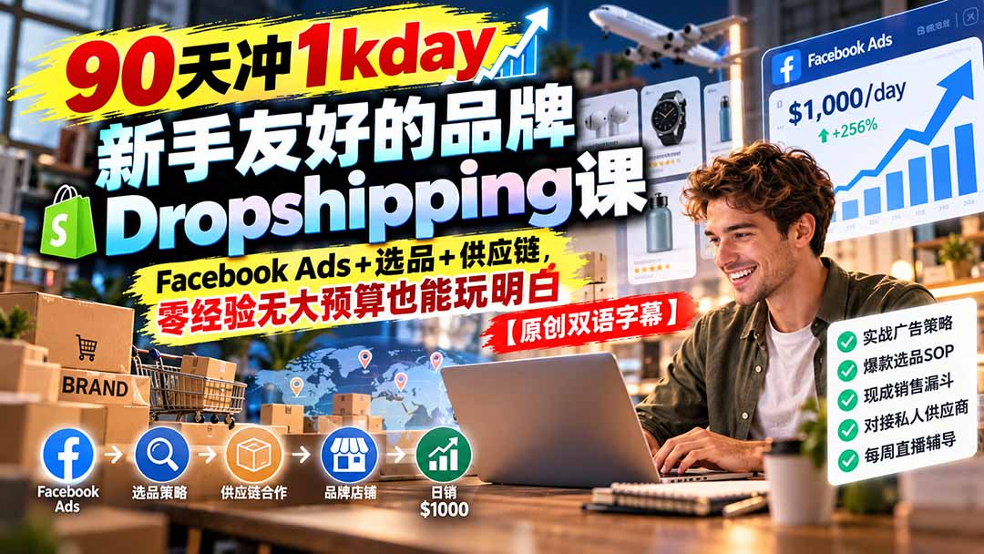 90天冲1kday 新手友好的品牌Dropshipping课:Facebook Ads+选品+供应链,零经验无大预算也能玩明白【原创双语字幕】-资源共享