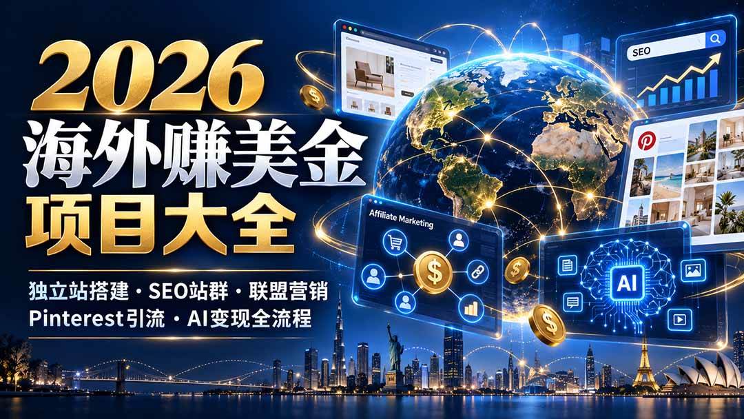 (21200期)2026海外赚美金项目大全:独立站搭建、SEO站群、联盟营销、Pinterest引流与AI变现全流程-资源共享