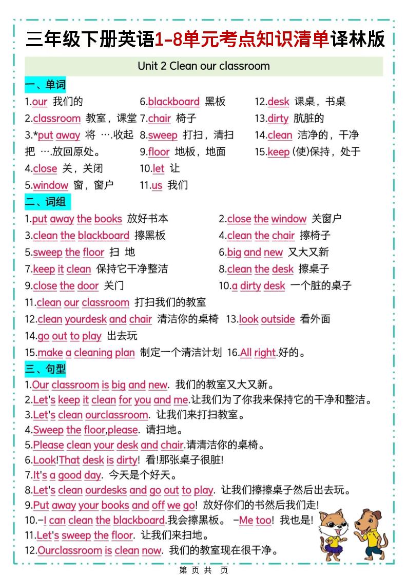 三下译林版英语1-8单元考点知识清单-资源共享