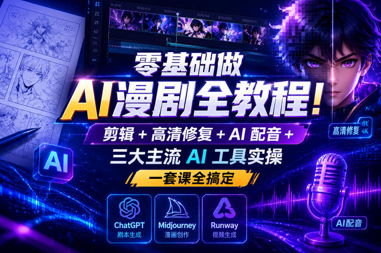 零基础做AI漫剧全教程!剪辑+高清修复+AI配音+三大主流AI工具实操,一套课全搞定-资源共享