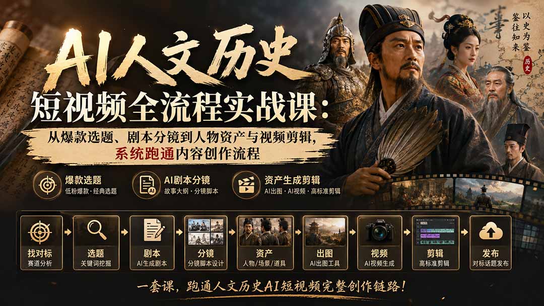 AI人文历史短视频全流程实战课:从爆款选题、剧本分镜到人物资产与视频剪辑,系统跑通内容创作流程-资源共享