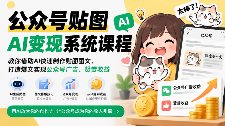 公众号贴图AI变现系统课程｜教你借助AI快速制作贴图图文，打造爆文实现公众号广告、赞赏收益-资源共享