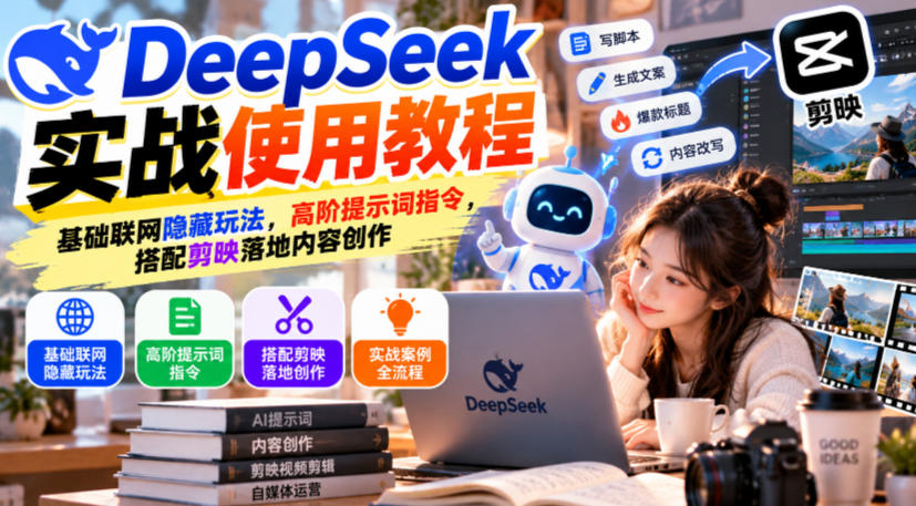 DeepSeek实战使用教程｜基础联网隐藏玩法，高阶提示词指令，搭配剪映落地内容创作-资源共享