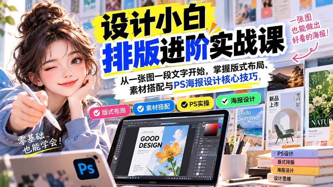 (20838期)设计小白排版进阶实战课:从一张图一段文字开始,掌握版式布局、素材搭配与PS海报设计核心技巧-资源共享