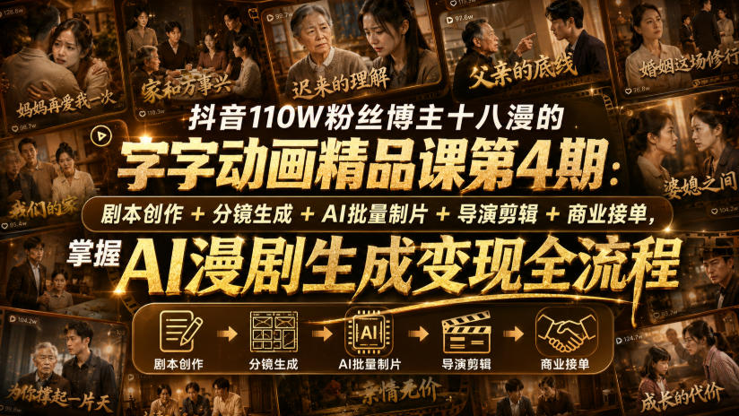 抖音110W粉丝博主十八漫的字字动画精品课第4期:剧本创作+分镜生成+剪辑+商业接单,掌握AI漫剧生成变现全流程-资源共享