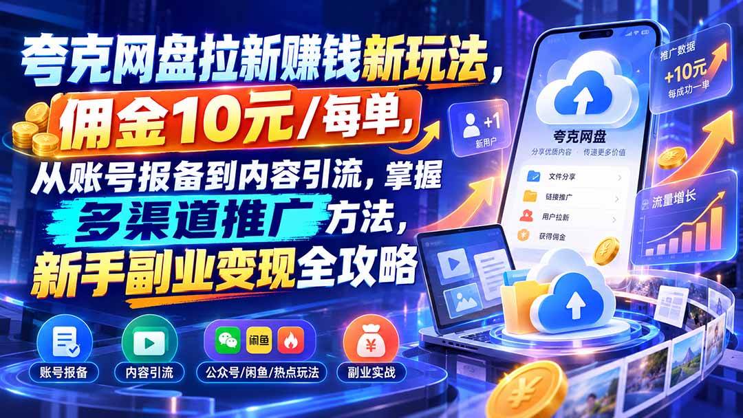 (21108期)夸克网盘拉新赚钱新玩法,佣金10元/每单,从账号报备到内容引流,掌握多渠道推广方法,新手副业变现全攻略-资源共享