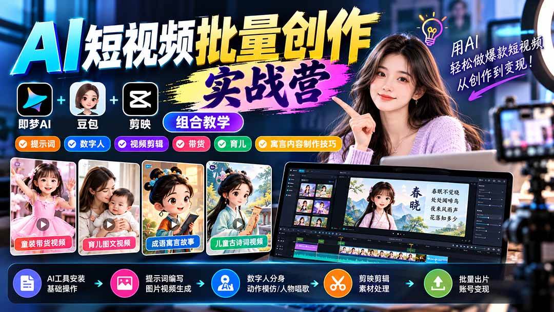 (21039期)【无水印】AI短视频批量创作实战营:即梦+豆包+剪映组合教学,提示词/数字人/视频剪辑/带货/育儿/寓言内容制作技巧-资源共享