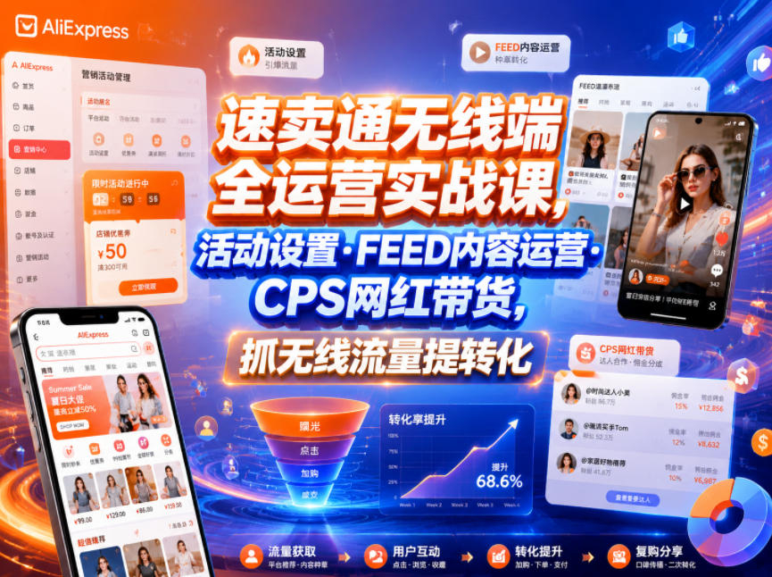 速卖通无线端全运营实战课,活动设置・FEED内容运营・CPS网红带货,抓无线流量提转化-资源共享