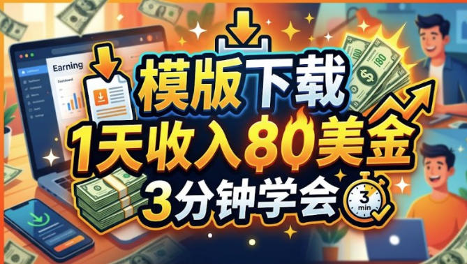 模版下载,1天收入80美刀,0门槛,3分钟学会