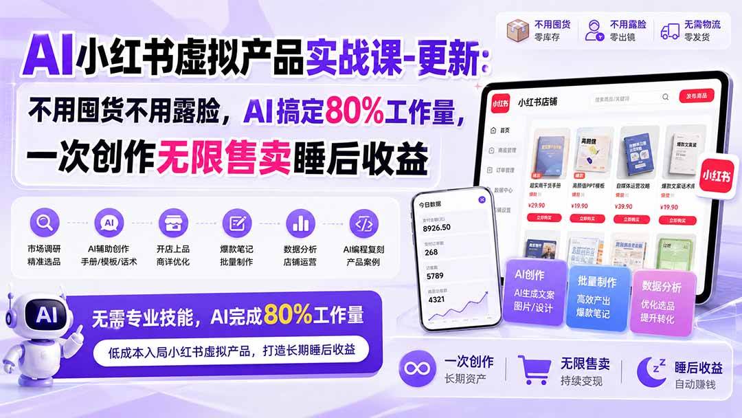 （20311期）AI小红书虚拟产品实战课-更新：不用囤货不用露脸，AI搞定80%工作量，一次创作无限售卖睡后收益-资源共享