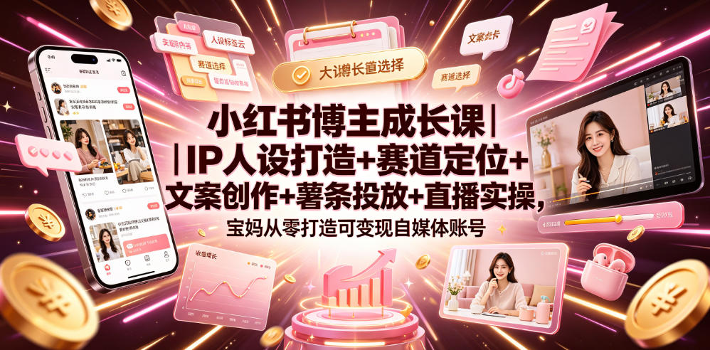 小红书博主成长课｜IP人设打造+赛道定位+文案创作+薯条投放+直播实操，宝妈从零打造可变现自媒体账号-资源共享