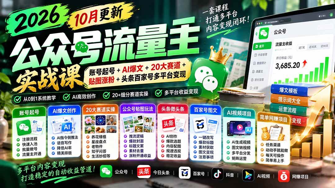 (20878期)2026公众号流量主实战课-10月更新:账号起号+AI爆文+20大赛道+贴图涨粉+头条百家号多平台变现-资源共享