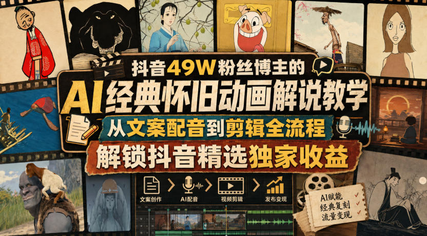 抖音49W粉丝博主的AI经典怀旧动画解说教学，从文案配音到剪辑全流程，解锁抖音精选独家收益-资源共享