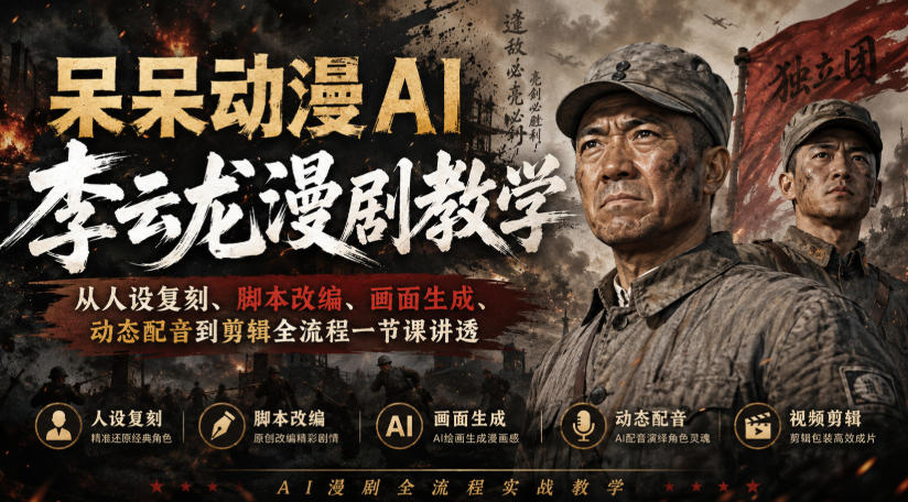 呆呆动漫AI李云龙漫剧教学,从人设复刻、脚本改编、画面生成、动态配音到剪辑全流程一节课讲透-资源共享