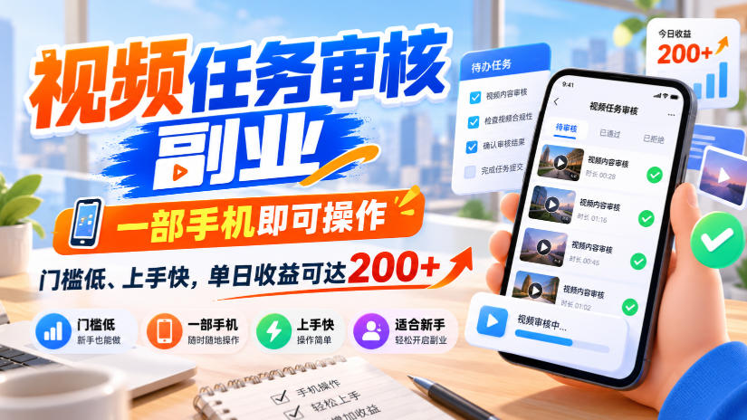 视频任务审核副业,一部手机即可操作,门槛低、上手快,单日收益可达200+【揭秘】-资源共享