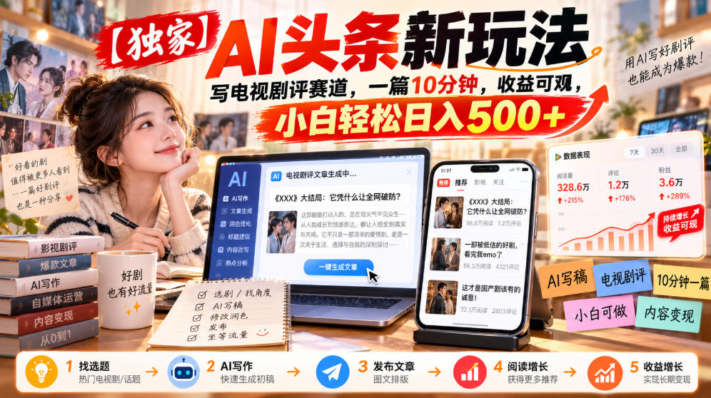 【独家】AI头条新玩法,写电视剧评赛道,一篇10分钟,收益可观,小白轻松日入500+-资源共享