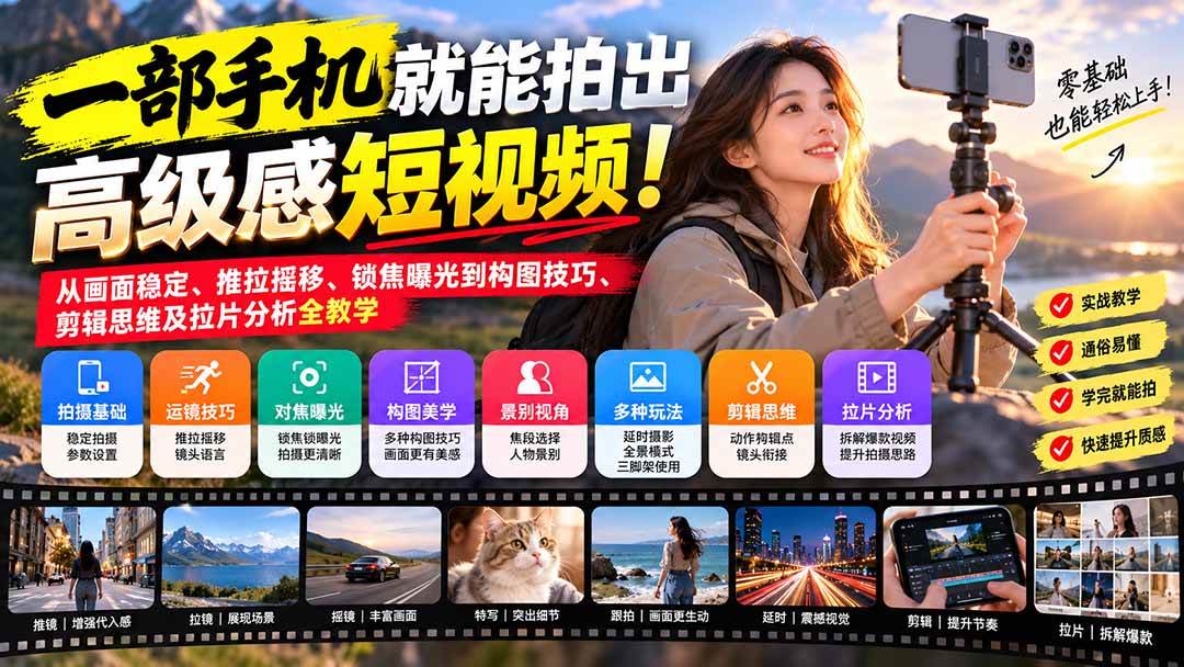 (21272期)一部手机就能拍出高级感短视频!从画面稳定、推拉摇移、锁焦曝光到构图技巧、剪辑思维及拉片分析全教学 (21272期)一部手机就能拍出高级感短视频!从画面稳定、推拉摇移、锁焦曝光到构图技巧、剪辑思维及拉片分析全教学