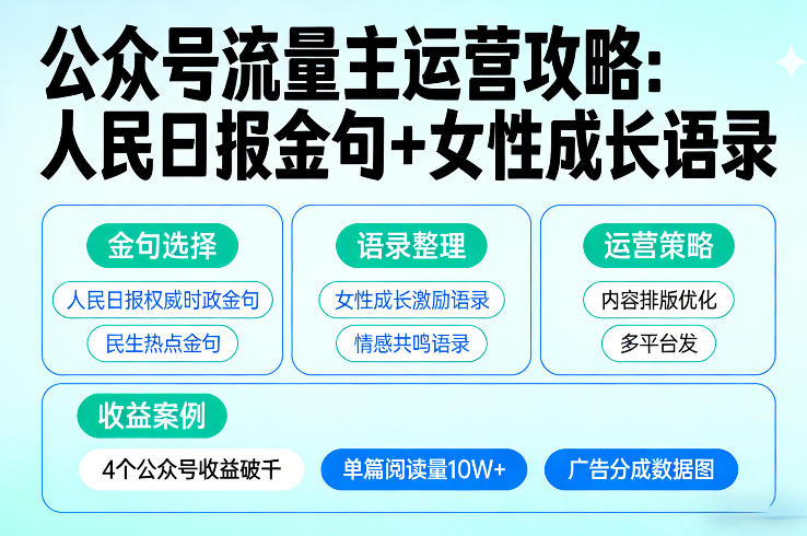 利用人民日报金句+女性成长语录做公众号流量主，4个公众号收益破千-资源共享