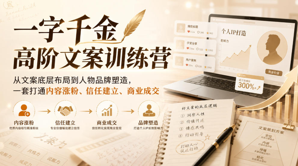一字千金高阶文案训练营,从文案底层布局到人物品牌塑造,一套打通内容涨粉、信任建立、商业成交-资源共享