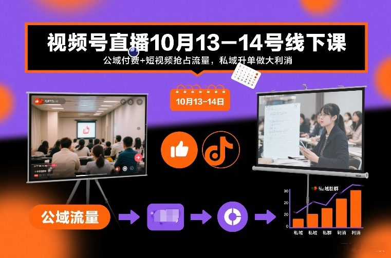 视频号直播10月13-14号线下课，公域付费+短视频抢占流量，私域升单做大利消-资源共享