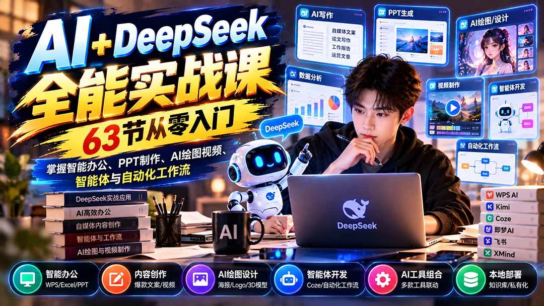 (21141期)AI+DeepSeek全能实战课:63节从零入门,掌握智能办公、PPT制作、AI绘图视频、智能体与自动化工作流-资源共享