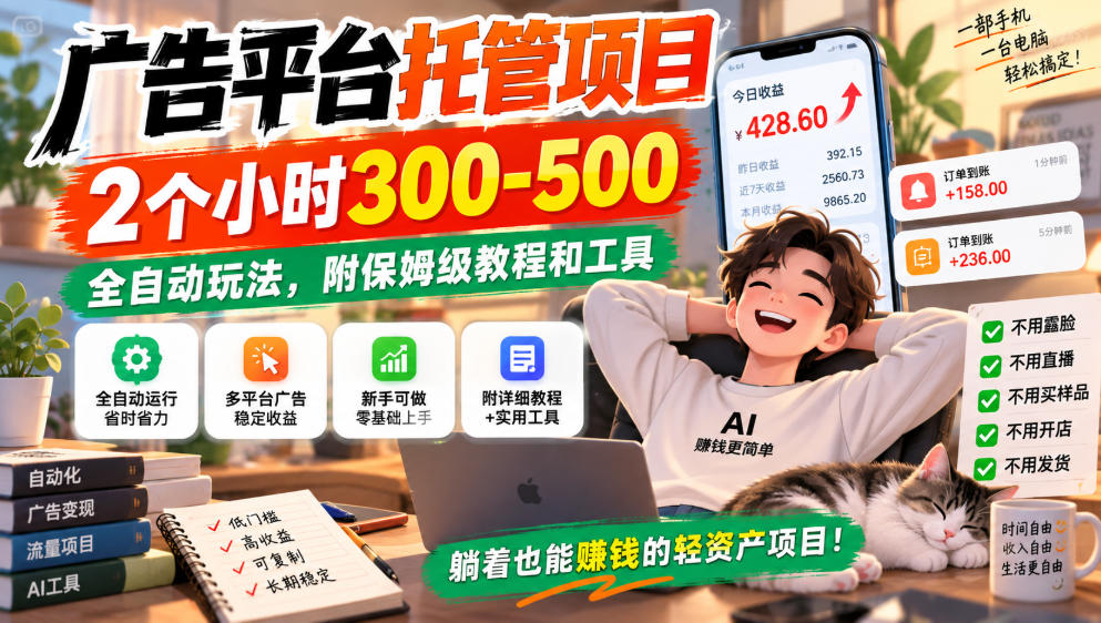 广告平台托管项目，2个小时300-500，全自动玩法，附保姆级教程和工具【揭秘】-资源共享