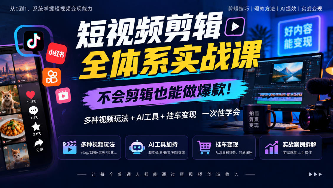 短视频剪辑全体系实战课，不会剪辑也能做爆款，多种视频玩法+AI工具+挂车变现一次性学-资源共享