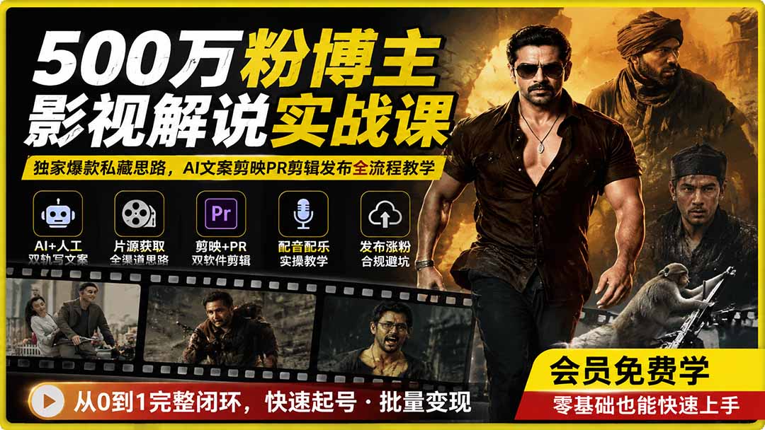 500万粉博主影视解说实战课|独家爆款私藏思路,AI文案剪映PR剪辑发布全流程教学-资源共享
