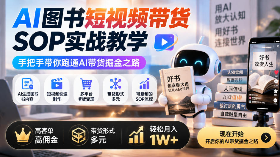 AI图书短视频带货SOP实战教学，手把手带你跑通AI带货掘金之路，高客单高佣金，带货形式多元，轻松月入1W+（完结）